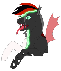 Size: 1732x2000 | Tagged: safe, artist:imreer, oc, oc only, changeling, bust, changeling oc, commission, fangs, forked tongue, open mouth, shapeshifting, simple background, solo, tongue out, transformation, white background, ych result