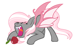 Size: 1608x1088 | Tagged: safe, artist:riariirii2, oc, oc only, bat pony, pony, apple, base used, bat pony oc, bat wings, eyes closed, face down ass up, fangs, food, open mouth, simple background, solo, transparent background, wings