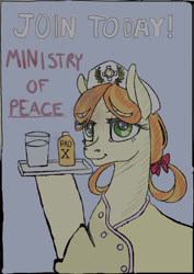 Size: 578x817 | Tagged: safe, artist:sourcherry, edit, tag-a-long, earth pony, pony, fallout equestria, g4, charity, drink, fanfic art, female, mare, medicine, ministry of peace, nurse outfit, older, photoshop, smiling, solo, thin mint