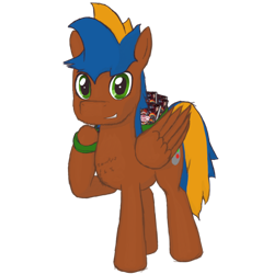 Size: 1200x1200 | Tagged: safe, artist:hiddelgreyk, oc, oc only, pegasus, pony, 2021 community collab, derpibooru community collaboration, them's fightin' herds, blue mane, brown coat, chest fluff, community related, game cover, green eyes, male, pegasus oc, simple background, solo, stallion, standing, transparent background, video game, wings