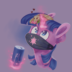 Size: 900x900 | Tagged: safe, artist:krista-21, twilight sparkle, pony, tortoise, g4, bust, drink, eating, face mask, floating heart, food, glowing, glowing horn, gradient background, heart, horn, looking at something, looking up, magic, mask, portrait, scorpio, sitting on head, soda can, solo, strawberry, telekinesis