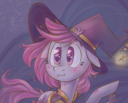 Size: 1800x1464 | Tagged: safe, artist:krista-21, oc, oc only, oc:krista pebble, pony, :3, floppy ears, freckles, hat, solo, witch costume, witch hat