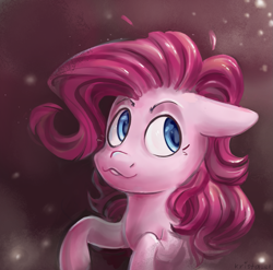 Size: 1231x1216 | Tagged: safe, artist:krista-21, pinkie pie, earth pony, pony, g4, :3, abstract background, bust, female, floppy ears, looking away, looking sideways, open mouth, solo