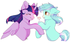 Size: 2381x1447 | Tagged: safe, artist:pledus, lyra heartstrings, twilight sparkle, alicorn, pony, g4, curved horn, duo, eyes closed, female, floating heart, floppy ears, heart, holding hooves, horn, lesbian, mare, ship:twyra, shipping, simple background, twilight sparkle (alicorn), white background