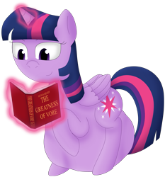 Size: 2019x2163 | Tagged: safe, artist:girlsvoreboys, twilight sparkle, alicorn, pony, g4, belly, big belly, book, female, folded wings, glowing horn, grin, high res, horn, levitation, magic, mare, reading, simple background, smiling, telekinesis, transparent background, twilight sparkle (alicorn), twipred, unknown prey, vore, wings