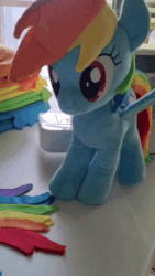 Size: 600x1067 | Tagged: safe, artist:nekokevin, rainbow dash, human, pegasus, pony, g4, animated, cute, dashabetes, female, gif, irl, irl human, looking at you, mare, photo, plushie, sewing machine, shaking, smiling, solo, spread wings, wings