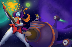 Size: 3344x2192 | Tagged: safe, artist:freehdmcgee, oc, oc:pixel dust, oc:pluto planitia, breezie, unicorn, anthro, clothes, commission, female, glowing, guitar, high res, musical instrument, planet, retro rocket, scarf, space, spaceship, spacesuit, stars