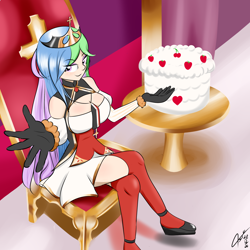 Size: 2000x2000 | Tagged: safe, artist:asajiopie01, princess celestia, human, g4, azur lane, breasts, cake, clothes, crown, food, gloves, high res, humanized, jewelry, looking at you, regalia, richelieu, sitting, throne, throne room