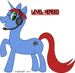 Size: 1484x1449 | Tagged: safe, artist:spocky87, oc, oc only, oc:level headed, pony, unicorn, commission, cutie mark, digital art, glasses, headset, horn, male, simple background, solo, stallion, tail, text, transparent background
