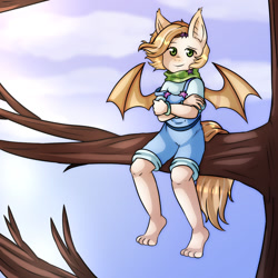 Size: 1280x1280 | Tagged: safe, artist:martenmartes, oc, oc only, oc:fiery star, bat pony, anthro, plantigrade anthro, bat pony oc, bat wings, clothes, crossed arms, digital art, looking at you, sitting, solo, tail, tree, tree branch, wings
