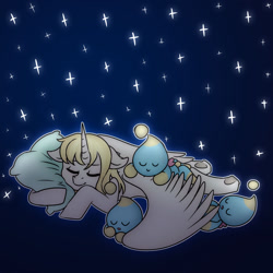 Size: 1280x1280 | Tagged: safe, artist:martenmartes, oc, oc only, alicorn, pony, alicorn oc, commission, digital art, eyes closed, hooves, horn, pillow, sleeping, spread wings, stars, wings