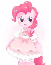 Size: 1628x2048 | Tagged: safe, artist:ginmaruxx, pinkie pie, earth pony, pony, g4, bipedal, blushing, bow, clothes, cute, diapinkes, dress, female, hair bow, mare, open mouth, puffy sleeves, simple background, solo, white background