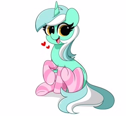 Size: 4096x3787 | Tagged: safe, artist:kittyrosie, lyra heartstrings, pony, unicorn, g4, blushing, clothes, cute, floating heart, heart, high res, lyrabetes, open mouth, redraw, remake, simple background, sitting, smiling, socks, solo, striped socks, white background