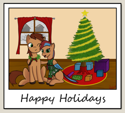 Size: 1827x1662 | Tagged: safe, artist:jackieb, derpibooru exclusive, oc, oc only, oc:allegra mazarine, oc:red bark, bird, bird pone, earth pony, pegasus, pony, brown mane, christmas, christmas tree, closed eye, clothes, feathered tail, garland, gift art, green eyes, happy, holiday, hug, nuzzling, pair, present, red mane, request, secret santa, signature, sitting, snow, striped mane, sweater, text, tree, two toned wings, window, wings, wreath