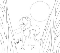 Size: 3023x2663 | Tagged: safe, artist:sundayrain, oc, oc only, oc:revy remilo, pony, flank, forest background, high res, looking at you, looking back, looking back at you, monochrome, moon, sketch, solo, speech bubble