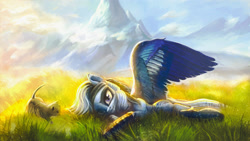 Size: 2500x1406 | Tagged: safe, artist:stdeadra, oc, oc only, cat, pegasus, pony, cloud, grass, lying down, mountain, nature, on side, scenery, sky, solo