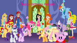 Size: 1918x1082 | Tagged: safe, artist:selenaede, artist:user15432, applejack, fluttershy, pinkie pie, rainbow dash, rarity, starlight glimmer, sunset shimmer, twilight sparkle, oc, oc:aaliyah, alicorn, earth pony, human, pegasus, pony, puffball, unicorn, equestria girls, g4, aaliyah, amulet, apple, apple daisy, barely eqg related, barely pony related, base used, birthday, birthday cake, birthday party, birthday ponies, cake, cap, chocolate cake, clothes, crossover, crown, cupcake, ear piercing, earring, equestria girls style, equestria girls-ified, female, food, gem, glass of water, glasses, happy birthday, hat, jewelry, kirby, kirby (series), kirby pie, long sleeved shirt, long sleeves, luigi, luigi's hat, luigidash, luigishy, luitwi, male, maridash, mario, mario & luigi, mario's hat, mariopie, marioshy, necklace, nintendo, party, party hat, party pony, pauline, piercing, princess daisy, princess peach, princess rosalina, princess twipeach, raripeach, regalia, rosalina, sapphire, sapphire cupcake, shoes, sneakers, sports outfit, super mario bros., super smash bros., twilight sparkle (alicorn), twilight's castle, water, zap apple
