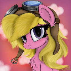Size: 4000x4000 | Tagged: safe, artist:ser-p, cherry berry, earth pony, pony, g4, absurd resolution, aviator goggles, aviator hat, background pony, bust, cheek fluff, cherrybetes, chest fluff, cute, ear fluff, featured image, female, fluffy, goggles, hat, looking at you, mare, portrait, sky, smiling, smiling at you, solo, sweet dreams fuel
