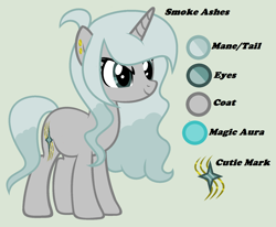 Size: 1892x1556 | Tagged: safe, artist:lominicinfinity, oc, oc only, oc:smoke ashes, pony, unicorn, female, mare, reference sheet, simple background, solo