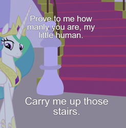 Size: 813x825 | Tagged: safe, edit, screencap, princess celestia, alicorn, human, pony, g4, the summer sun setback, bronybait, canterlot, caption, crown, ethereal mane, female, image macro, jewelry, manly, mare, meta, night, regalia, stairs, text, text edit