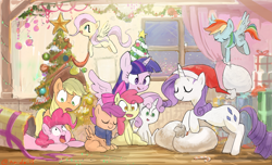 Size: 3415x2081 | Tagged: safe, artist:fuyugi, apple bloom, applejack, fluttershy, pinkie pie, rainbow dash, rarity, scootaloo, sweetie belle, twilight sparkle, alicorn, earth pony, pegasus, pony, unicorn, g4, apple sisters, belle sisters, blank flank, candy, candy cane, carrying, christmas, christmas decoration, christmas tree, clothes, cute, cutie mark crusaders, decorating, eyes closed, female, filly, flying, food, garland, hat, high res, holiday, hoof hold, indoors, mane six, mare, open mouth, pinkie being pinkie, present, ribbon, sack, santa hat, scarf, siblings, sisters, sitting, spread wings, tree, twilight sparkle (alicorn), wings