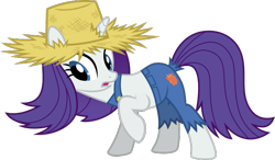 Size: 690x404 | Tagged: safe, artist:sollace, derpibooru exclusive, rarity, pony, unicorn, g4, simple ways, spoiler:harvesting memories, .svg available, clothes, cute, hat, open mouth, overalls, raised leg, rarihick, show accurate, simple background, solo, still fabulous, straw hat, svg, tail, tail hole, transparent background, vector