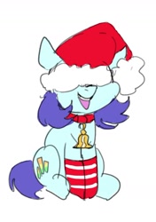 Size: 1094x1551 | Tagged: safe, artist:neoncel, oc, oc only, oc:raven mcchippy, earth pony, pony, bell, bell collar, christmas, clothes, collar, covered eyes, hat, holiday, open mouth, open smile, santa hat, simple background, sketch, smiling, socks, solo, striped socks, white background