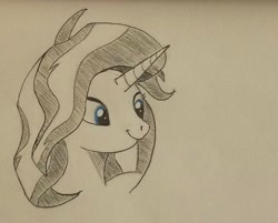 Size: 1742x1404 | Tagged: safe, artist:polar_storm, sunset shimmer, pony, unicorn, g4, blue eyes, bust, female, mare, monochrome, partial color, simple background, smiling, solo, traditional art, white background
