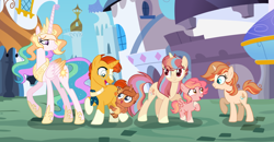 Size: 4320x2248 | Tagged: safe, artist:gallantserver, princess celestia, sunburst, oc, oc:autumn spice, oc:dawn occasum, oc:sunlight glare, oc:vela nova, pony, unicorn, g4, baby, baby pony, celestiburst, concave belly, female, filly, male, mare, offspring, parent:princess celestia, parent:sunburst, parents:celestiburst, shipping, straight