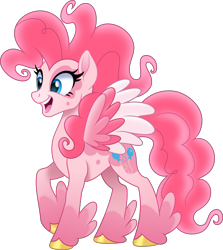 Size: 5000x5598 | Tagged: safe, artist:negatif22, pinkie pie, pegasus, pony, g4, absurd resolution, concave belly, female, g5 concept leak style, g5 concept leaks, hooves, mare, movie accurate, pinkie pie (g5 concept leak), simple background, slender, smiling, solo, spread wings, thin, transparent background, unshorn fetlocks, vector, wings