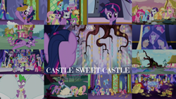 Size: 1990x1119 | Tagged: safe, edit, edited screencap, editor:quoterific, screencap, applejack, fluttershy, pinkie pie, rainbow dash, rarity, spike, twilight sparkle, alicorn, pony, castle sweet castle, g4, alternate hairstyle, golden oaks library, hay bale, i'm pancake, mane seven, mane six, punklight sparkle, twilight sparkle (alicorn), twilight's castle