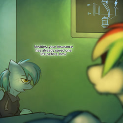 Size: 800x800 | Tagged: safe, artist:captainhoers, oc, oc only, oc:concorde, oc:rainbow code, pegasus, pony, the sunjackers, bed, cyberpunk, duo, hospital, hospital bed, male, nonbinary, offspring, older, parent:soarin', parent:spitfire, parents:soarinfire, stallion