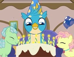 Size: 858x663 | Tagged: safe, artist:queencold, part of a set, beachcomber (g4), gallus, high tide (g4), earth pony, griffon, pony, g4, balloon, birthday cake, cake, candle, cute, exchange student, eyes closed, female, food, gallabetes, grin, happy, hat, male, mare, part of a series, party hat, smiling, stallion, story included, wholesome