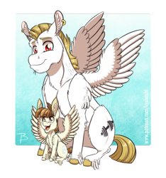 Size: 1181x1260 | Tagged: safe, artist:inuhoshi-to-darkpen, bulk biceps, featherweight, pegasus, pony, g4, ear piercing, earring, father and child, father and son, jewelry, male, open mouth, piercing, simple background, smiling, transparent background