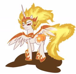 Size: 2048x1983 | Tagged: safe, artist:khaki-cap, daybreaker, princess celestia, alicorn, pony, g4, butt, cutie mark, daybutt, female, fire, looking at you, looking back, looking back at you, mane of fire, mare, plot, simple background, solo, spread wings, white background, wings