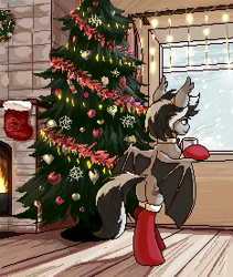 Size: 233x276 | Tagged: safe, artist:tigra0118, oc, oc only, bat pony, pony, bipedal, bipedal leaning, christmas, christmas lights, christmas stocking, christmas tree, clothes, female, fireplace, garland, holiday, leaning, mug, new year, picture for breezies, pixel art, snow, snowfall, socks, solo, tree, window