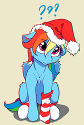 Size: 2056x3064 | Tagged: safe, artist:alcor, rainbow dash, pegasus, pony, g4, alcor is trying to murder us, behaving like a dog, cheek fluff, chest fluff, christmas, clothes, confused, cute, dashabetes, female, floppy ears, fluffy, hat, head tilt, high res, holiday, leg fluff, looking up, mare, question mark, santa hat, shoulder fluff, simple background, sitting, socks, solo, striped socks, tan background, wing fluff