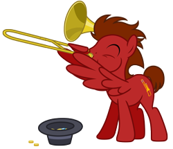 Size: 8659x7459 | Tagged: safe, artist:estories, oc, oc only, oc:slide fortissimo, pegasus, pony, 2021 community collab, g4, bits, commission, gem, hat, musical instrument, simple background, solo, transparent background, trombone, wing hands, wings