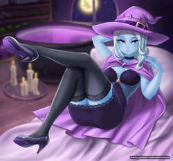 Size: 1300x1212 | Tagged: safe, artist:racoonsan, color edit, edit, editor:drakeyc, trixie, human, equestria girls, absolute cleavage, anime, bed, bedroom eyes, breasts, busty trixie, candle, cape, choker, cleavage, clothes, colored, equestria girls edit, female, fire, full moon, hat, high heels, legs, looking at you, moon, night, sexy, shoes, skin color edit, socks, solo, thigh highs, window, witch, witch hat