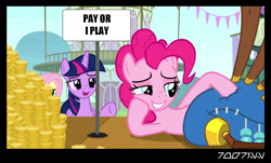 Size: 1288x778 | Tagged: safe, edit, edited screencap, editor:teren rogriss, screencap, fluttershy, pinkie pie, twilight sparkle, alicorn, earth pony, pegasus, pony, g4, yakity-sax, extortion, money, ponyville, twilight sparkle (alicorn), yovidaphone