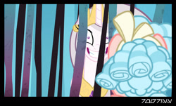 Size: 1288x778 | Tagged: safe, edit, edited screencap, editor:teren rogriss, screencap, cozy glow, princess celestia, alicorn, pegasus, pony, princess molestia, g4, the beginning of the end, cage, tartarus