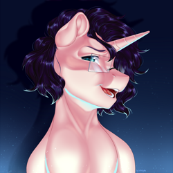 Size: 1500x1500 | Tagged: safe, artist:bylullabysoft, oc, oc only, pony, unicorn, bust, commission, digital art, glasses, horn, looking at you, male, open mouth, portrait, solo, stallion