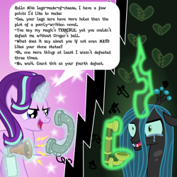Size: 6969x6969 | Tagged: safe, artist:kmlp, derpibooru exclusive, queen chrysalis, starlight glimmer, changeling, pony, unicorn, g4, absurd resolution, abuse, airhorn, chrysabuse, crying, dialogue, insulted, levitation, magic, offended, phone, punish the villain, revenge, shots fired, smiling, starlight vs chrysalis, teary eyes, telekinesis, verbal abuse