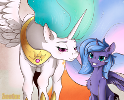 Size: 2100x1700 | Tagged: safe, artist:zuckergelee, princess celestia, princess luna, alicorn, pony, g4, bedroom eyes, blushing, collar, cutie mark, digital art, duo, female, jewelry, larger female, looking at you, mare, royal sisters, s1 luna, siblings, sisters, size difference, smaller female, smiling at you, spread wings, wings
