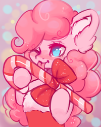 Size: 800x1000 | Tagged: safe, artist:valeria_fills, pinkie pie, earth pony, pony, g4, ;p, blushing, bow, candy, candy cane, cute, digital art, female, food, licking, mare, one eye closed, solo, tongue out, wink