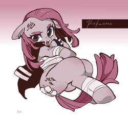 Size: 1395x1298 | Tagged: safe, artist:potetecyu_to, pinkie pie, earth pony, semi-anthro, g4, arm hooves, bandage, bandaid on nose, clothes, ear piercing, female, gauze, jacket, mare, piercing, pinkamena diane pie, solo, spiked wristband, tattoo, wristband