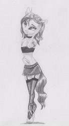 Size: 2092x3831 | Tagged: safe, artist:joestick, oc, oc only, unicorn, anthro, unguligrade anthro, clothes, female, garter belt, high res, looking at you, monochrome, shoes, simple background, solo, stockings, thigh highs