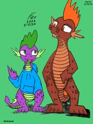 Size: 900x1200 | Tagged: safe, artist:eliizadesu, spike, dragon, g4, clothes, digital art, duo, green background, looking at each other, male, simple background, sweater, tail
