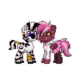 Size: 269x227 | Tagged: safe, artist:bnau, oc, oc:zeny, oc:zephyr, pegasus, pony, zebra, pony town, animated, blushing, cheek kiss, clothes, ear fluff, fangs, female, gif, heart, interspecies, jewelry, kissing, male, mare, perfect loop, pixel art, raised hoof, shipping, simple background, stallion, transparent background