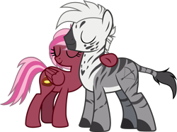 Size: 2500x1863 | Tagged: safe, artist:bnau, oc, oc:gallagher, oc:zeny, pegasus, pony, zebra, eyes closed, fangs, female, hug, male, race swap, show accurate, simple background, size difference, transparent background, vector